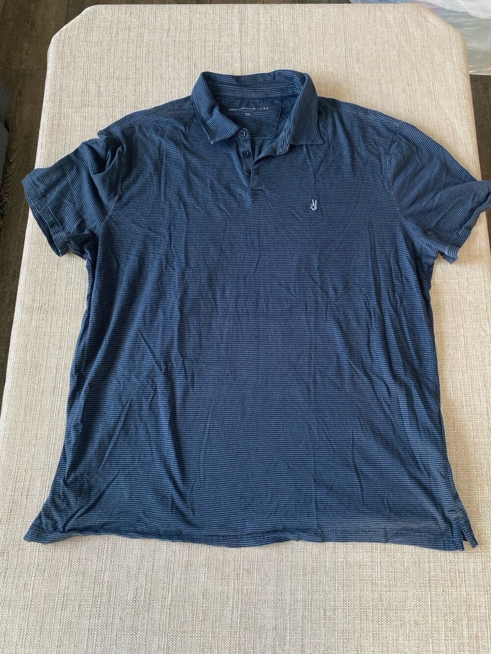 John Varvatos Star USA Men XXL Polo Shirt Blue Striped Short Sleeve Peace Sign